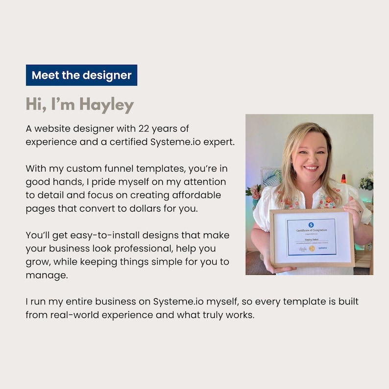Meet the designer graphic featuring Hayley, a certified Systeme.io expert and website designer with 22 years of experience. She holds her Systeme.io completion certificate and stands beside a clean coastal workspace. Ideal for Etsy listings promoting professional Systeme.io funnel templates for coaches and digital product businesses.