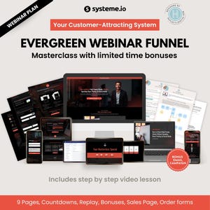 May include: A promotional image for an online masterclass. The image features a desktop computer, laptop, tablet, and smartphone displaying webinar content. Text includes "Evergreen Webinar Funnel" and "Your Customer-Attracting System."