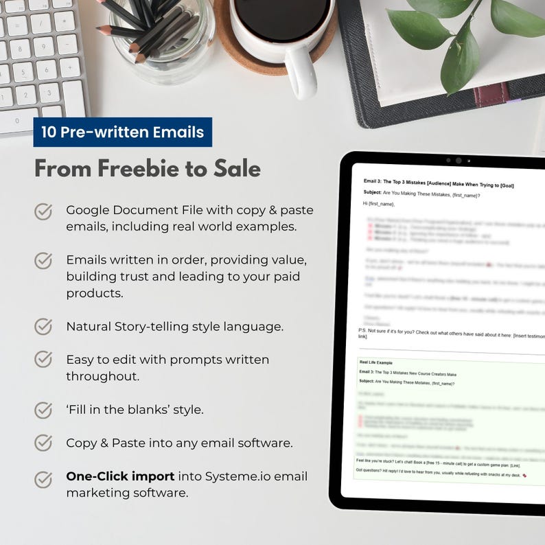 Preview of the pre-written “Freebie to Sale” email sequence included with the Systeme.io funnel bundle. Tablet mockup showing editable Google Doc emails, storytelling prompts, and copy-and-paste scripts. Designed for coaches and digital product sellers wanting ready-made nurture emails that build trust and lead to paid offers.