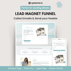 May include: A digital marketing lead magnet funnel design displayed on a tablet and smartphone. The design includes a form to collect emails, a thank you page, and a legal page. The text reads "Perfect for sending eBooks."