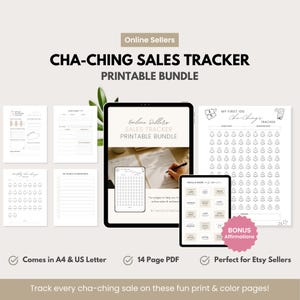 Op de afbeelding: Een printbare bundel van 14 pagina's voor online verkopers om hun verkopen bij te houden. De bundel bevat een verkoop tracker, een "My First 100 Cha-Chings" tracker en een bonuspagina met affirmaties. De pagina's zijn ontworpen met een minimalistische esthetiek en bevatten een belpictogram om verkopen te representeren.