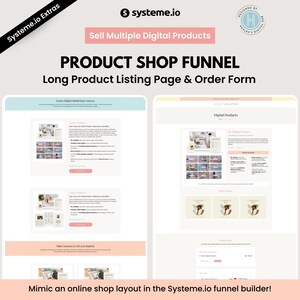 Pode incluir: Um gráfico de marketing digital que promove o construtor de funil Systeme.io. A imagem apresenta duas maquetes de sites com o texto "Sell Multiple Digital Products" e "Product Shop Funnel". O texto "Mimic an online shop layout in the Systeme.io funnel builder!" também é visível.