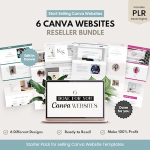 May include: A reseller bundle of 6 Canva website templates, with PLR rights. The image shows a laptop displaying a website design, surrounded by examples of different website layouts. Text includes "Start Selling Canva Websites" and "6 Canva Websites Reseller Bundle."