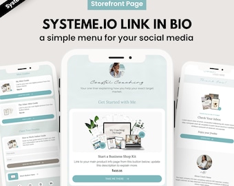 Könnte beinhalten: Eine digitale Marketinggrafik mit dem Text "SYSTEME.IO LINK IN BIO" und "ein einfaches Menü für Ihre sozialen Medien". Das Bild zeigt drei Handy-Bildschirme, die eine Shop-Seite, ein Coaching-Paket und eine Dankesnachricht anzeigen.