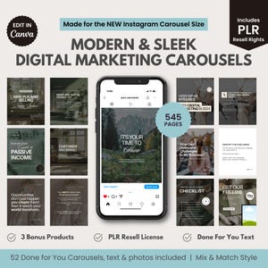 Könnte beinhalten: Eine digitale Marketing-Karussell-Vorlage mit 545 Seiten, 52 vorgefertigten Karussells, Text und Fotos inklusive. Die Vorlage ist modern und elegant mit einem grün-schwarzen Farbschema. Sie enthält 3 Bonusprodukte und eine PLR-Wiederverkaufslizenz.