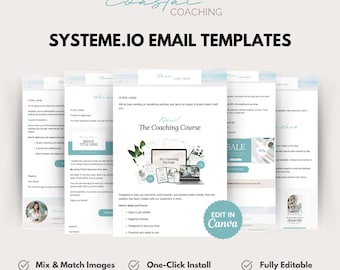 Systeme.io Email Template Designs - One-click install Campaign & Newsletter - 35 graphics to mix and match in Coastal Aqua Blue branding.