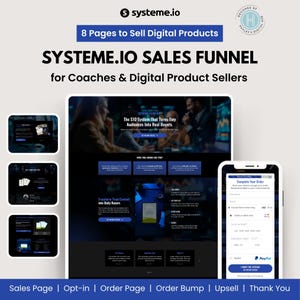 Peut inclure: Graphique de marketing numérique promouvant les entonnoirs de vente Systeme.io pour les coachs et les vendeurs de produits numériques. L'image présente une conception de site Web sur une tablette et un téléphone.