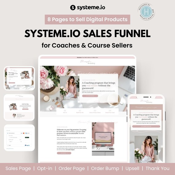 Blush Branding Systeme.io Funnel Template. Sales Page. Opt-In. Order Bump. Upsell. Digital Marketing. Coaches. Service Provider Pink Systeme