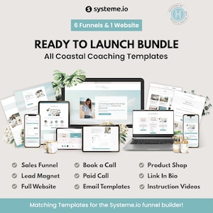 May include: A digital marketing bundle with the text "READY TO LAUNCH BUNDLE" and "All Coastal Coaching Templates." The image displays a laptop, tablets, and smartphones showcasing website templates. Features include sales funnels, lead magnets, and email templates.