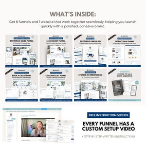 Grid preview of all Systeme.io funnel templates included in the Navy Coaching bundle, including sales funnel, lead magnet funnel, link in bio funnel, product shop funnel, discovery call funnel, coaching call funnel, full website, and signature email sequence. Modern coastal blue branding for coaches and course creators.