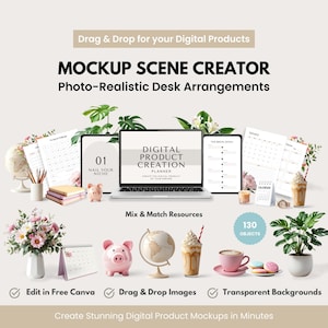 Może przedstawiać: Kreator sceny makiety z laptopem, tabletem i różnymi akcesoriami biurowymi. Na laptopie wyświetlany jest napis "Digital Product Creation Planner". Inne elementy to świnka skarbonka, globus, kwiaty i filiżanka kawy. Tekst brzmi "Mockup Scene Creator."