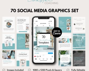 70 Social Media Graphic Templates built in Canva, Coastal Aqua designs to help promote your digital products on Instagram, ads or marketing