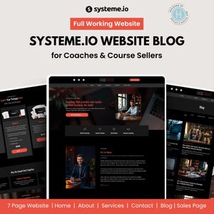 May include: A digital marketing graphic promoting a website blog for coaches and course sellers. The design features website mockups, the Systeme.io logo, and the text "Full Working Website". The website design is black and red.