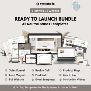 Puede incluir: Un paquete de marketing digital con el texto "READY TO LAUNCH BUNDLE" y "All Neutral Sands Templates". La imagen muestra una computadora portátil, una tableta, un teléfono inteligente y otros dispositivos digitales que muestran plantillas de sitios web. Incluye Sales Funnel, Lead Magnet y Full Website.