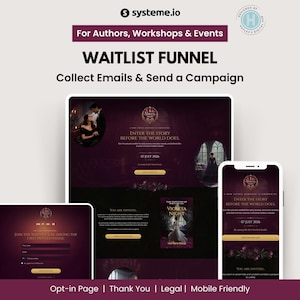 May include: A digital marketing graphic promoting a waitlist funnel for authors, workshops, and events. The design features a website and mobile phone screen displaying a dark purple landing page with the text "Enter the Story Before the World Does."
