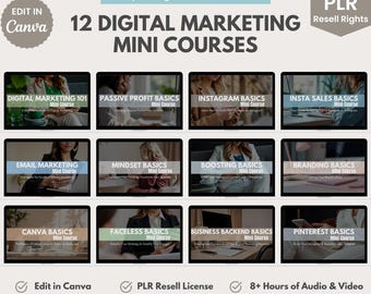 Pacchetto di 12 mini-corsi di marketing digitale / Modelli Canva + Corsi audio PLR / MRR / Lezioni su come guadagnare online / Corso di marketing su Instagram