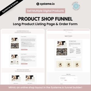 Könnte beinhalten: Layout eines digitalen Marketing-Produkt-Shop-Trichters mit dem Text "Sell Multiple Digital Products" und "Product Shop Funnel". Das Design umfasst zwei Mockups von Produktlistenseiten und Bestellformularen.