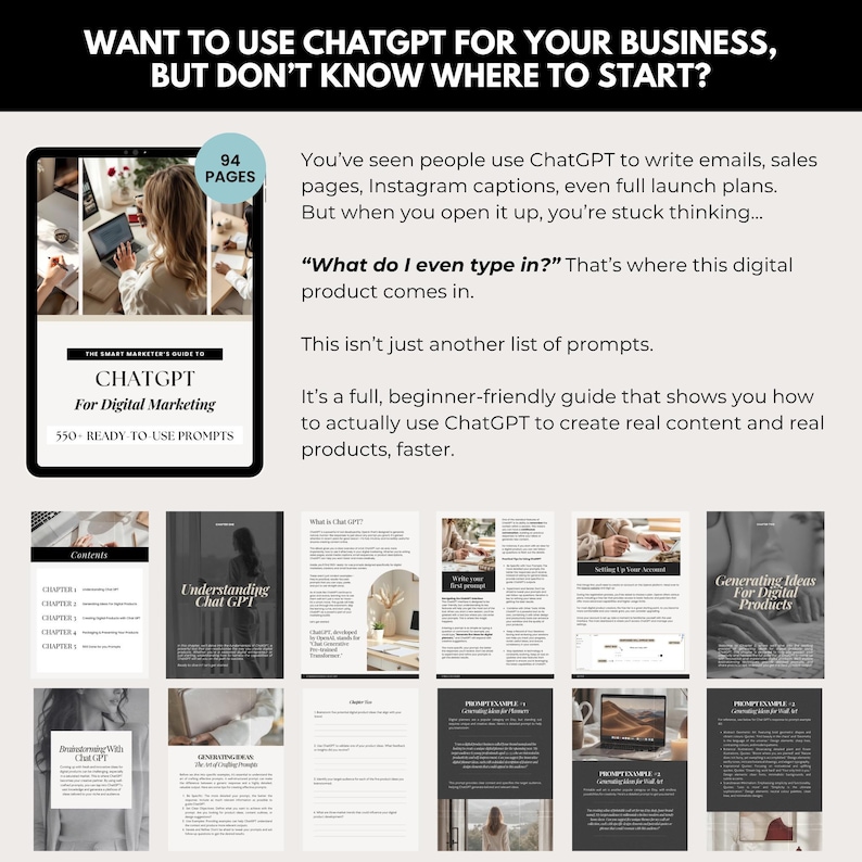 Beginner-Friendly ChatGPT Prompt Guide for Business Owners and Content Creators | Learn How to Use ChatGPT to Write Emails, Sales Pages, Instagram Captions, and Launch Content | Digital Product with PLR License for Etsy Sellers and Funnel Coaches | AI Content Marketing Tool with Editable Canva Template