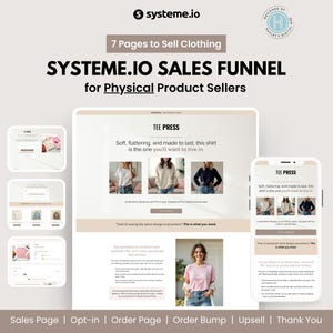 Peut inclure: Graphique de marketing numérique promouvant les entonnoirs de vente Systeme.io pour les vendeurs de produits physiques. L'image présente un ordinateur portable et un smartphone affichant des pages Web, avec le texte "7 Pages to Sell Clothing" et "TEE PRESS".