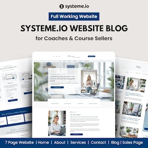 May include: A website blog design for coaches and course sellers. The design features a clean, modern layout with a blue and white color scheme. The text on the website says "Coaching that provides real results without breaking the bank!"