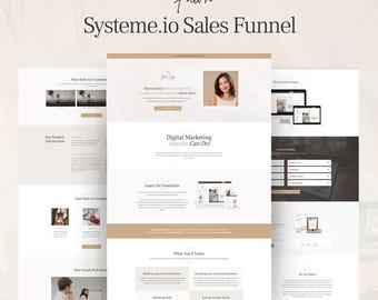 Systeme.io ファネルテンプレート、デジタル製品販売、ランディングページ、オプトイン、注文フォーム、コースのアップセル、ベージュ、淡褐色、ミニマルなホワイトデザイン