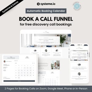May include: An advertisement for an automatic booking calendar. The image shows a website and a mobile phone screen displaying the booking calendar interface. The text reads "BOOK A CALL FUNNEL for free discovery call bookings."