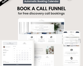 May include: An advertisement for an automatic booking calendar. The image shows a website and a mobile phone screen displaying the booking calendar interface. The text reads "BOOK A CALL FUNNEL for free discovery call bookings."