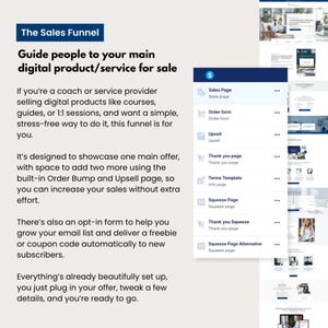 Systeme.io sales funnel template preview showing sales page, order form, upsell page, thank you page, terms page, and squeeze page options in a clean navy and beige coastal design. Ideal for coaches selling digital products, courses, and guides. Includes built-in order bump and upsell features to increase conversions.