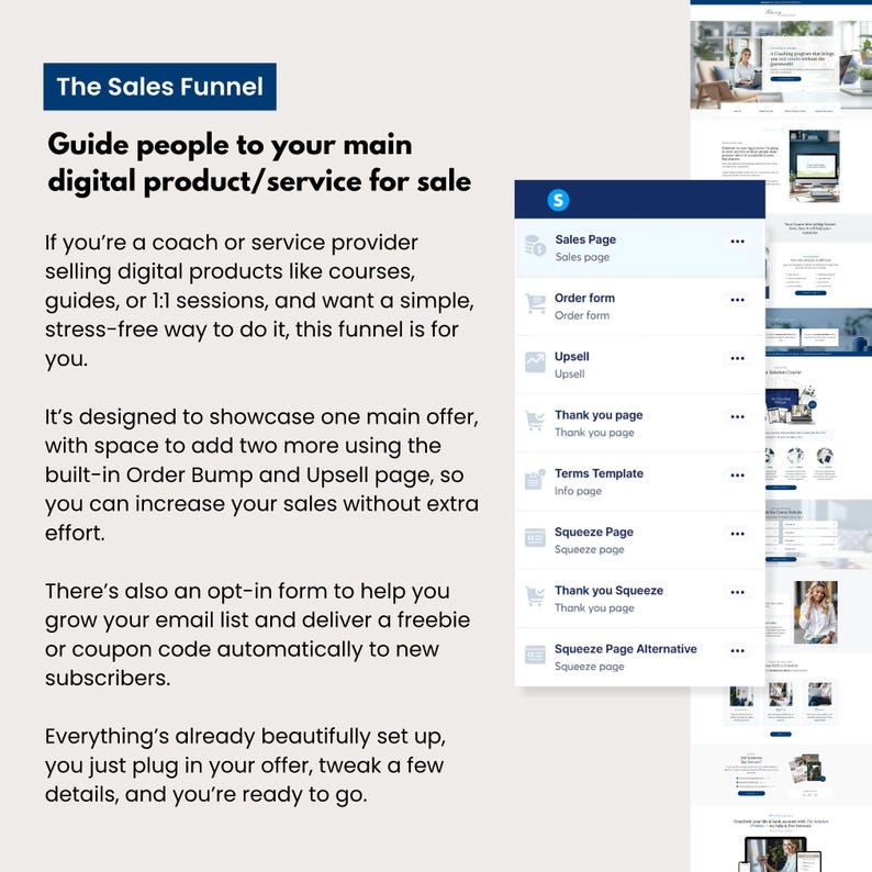 Systeme.io sales funnel template preview showing sales page, order form, upsell page, thank you page, terms page, and squeeze page options in a clean navy and beige coastal design. Ideal for coaches selling digital products, courses, and guides. Includes built-in order bump and upsell features to increase conversions.
