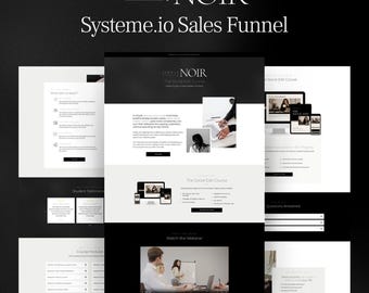 Op de afbeelding: Een digitaal sjabloon voor een Systeme.io-verkooptrechter genaamd Simply Noir. De lay-out heeft een zwart-wit kleurenschema met secties voor cursusmodules, getuigenissen van studenten, webinarvideo's en tekstblokken over The Social Edit Course.