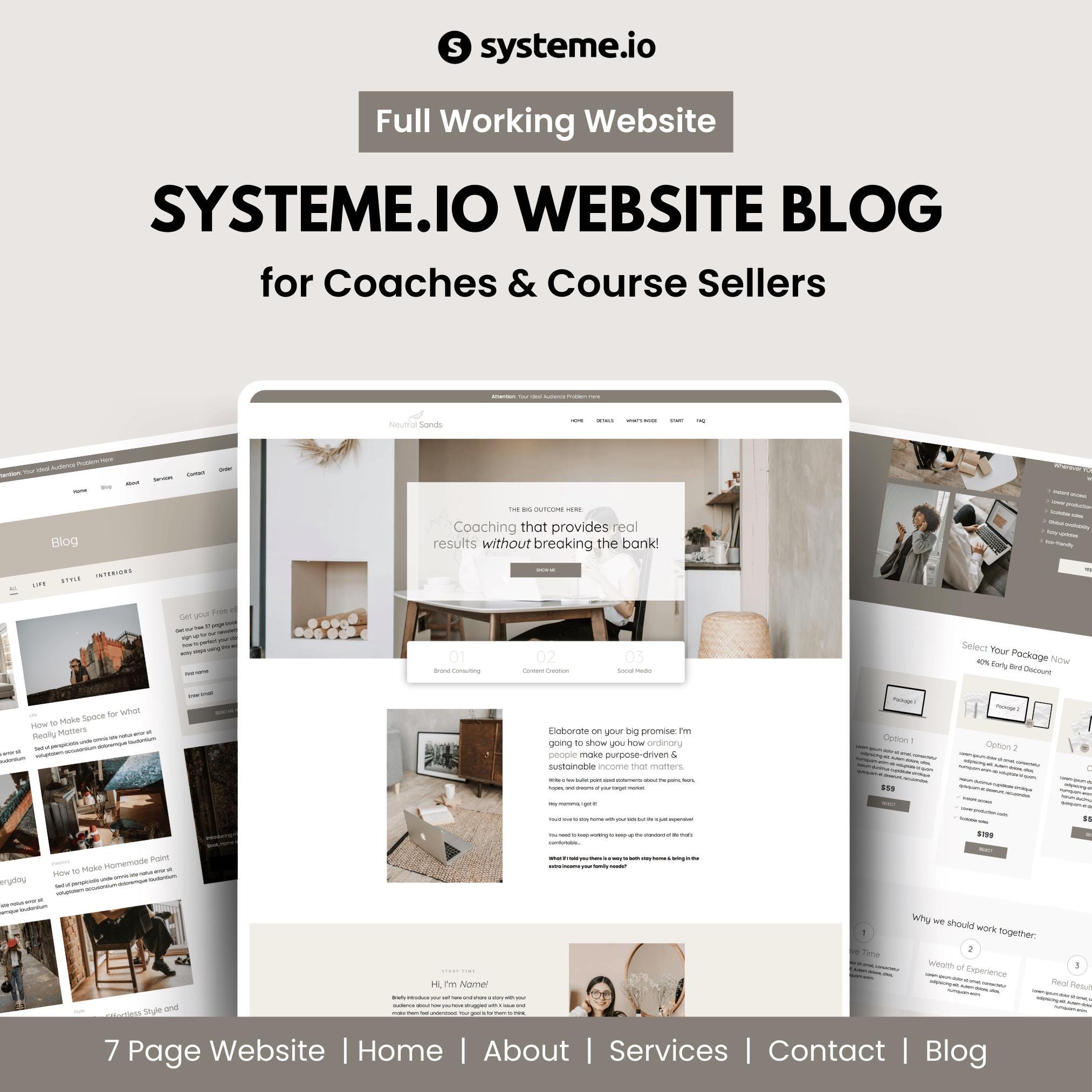 Neutral Sands Systeme.io Website Blog Template. Digital Marketing. Coaching. Online Courses. Consultant. Systeme Beige website design
