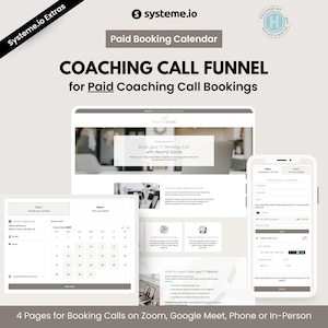 May include: A digital marketing graphic promoting a coaching call funnel. The design includes a laptop, tablet, and smartphone displaying booking pages. Text includes "Coaching Call Funnel" and "Paid Booking Calendar."