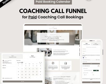 May include: A digital marketing graphic promoting a coaching call funnel. The design includes a laptop, tablet, and smartphone displaying booking pages. Text includes "Coaching Call Funnel" and "Paid Booking Calendar."