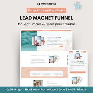 Könnte beinhalten: Grafik für digitales Marketing, die einen Lead-Magnet-Funnel bewirbt. Das Design zeigt eine Website und ein Smartphone, die eine E-Book-Landingpage anzeigen. Der Text enthält "E-Mails sammeln & Ihr Freebie senden" und "Laden Sie dieses kostenlose E-Book herunter".
