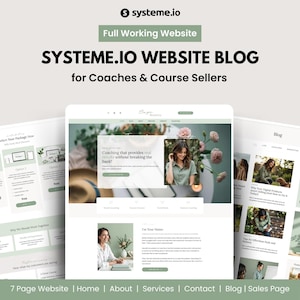 Könnte beinhalten: Ein Website-Mockup für Coaches und Kursverkäufer. Die Website verfügt über ein grün-weißes Farbschema mit einem Blog-Bereich, einer Startseite, einer Über-uns-Seite, einer Service-Seite, einer Kontaktseite und einer Verkaufsseite. Der Text auf der Website lautet "Coaching, das echte Ergebnisse liefert, ohne die Bank zu sprengen!" und "Ich bin Ihr Name."