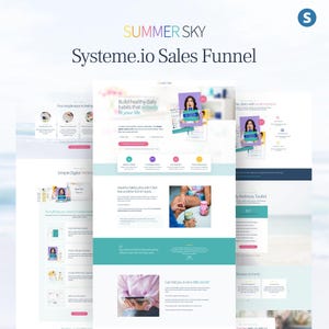 Systeme.io Sales Funnel Template for Digital Products, Bright Color & White Coaching website for Online Courses, Wellness ebook. Summer Sky