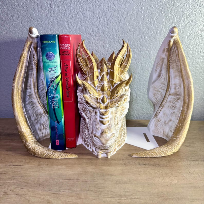 Dragon Bookend, Fantasy Bookend, Book Guardian Decor, Hand Painted Dragon Bookend, Color Changing Bookend, Dragon Shelf Decor, Book Protector Dragon, Fantasy Bookshelf Accessory, Antique Gold Dragon Decor, Dual Color Bookend, Dragon Bookend with Antique Gold Highlights, Dragon Bookend for Fantasy Lovers, Bookend That Looks Like a Dragon Guarding Books, Decorative Dragon Bookend for Bookshelves, Fantasy Decor Bookend with Custom Color Options, book lover gifts, book lover, book gift, onyx storm
