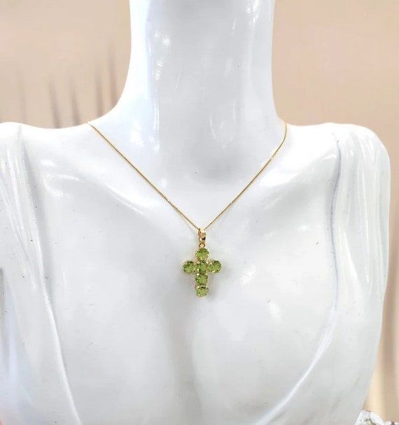 Peridot Gemstone Cross Pendant Necklace 14K Yellow