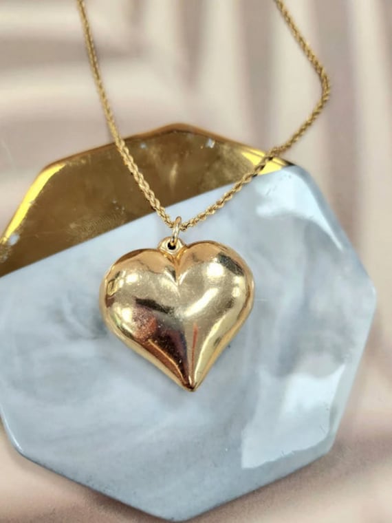 Reversible Golden Puffed Heart Vintage Pendant Nec