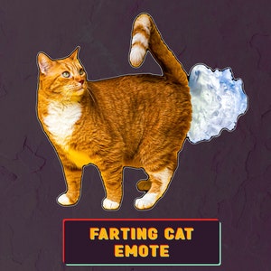 May include: A cartoon image of an orange tabby cat with a white cloud behind it, as if it is farting. The text "Farting Cat Emote" is below the cat.