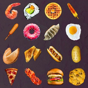 May include: A collection of various foods, including a shrimp, sushi roll, waffle, corn dog, donut, dumpling, fried egg, potato, pizza slice, bacon, hamburger, cookie, and fortune cookie.
