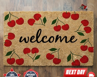Welcome Cherries Doormat, Cute Doormat, Front Porch Decor, Coir Doormat, Housewarming Gift, Closing Gift, Spring Decor, Colorful Mat