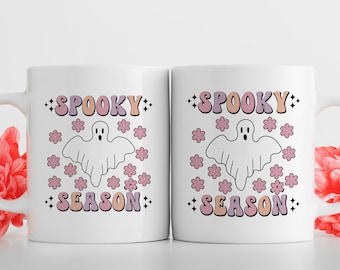Spooky Season Ceramic Mug, Floral Printed Coffee Cup, Spooky Halloween Mug, Creepy Ghost Mug, Autumn Vibes, Fall Season Mug, Halloween Gift