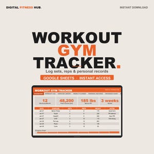 Puede incluir: Un rastreador digital de gimnasio con el texto "WORKOUT GYM TRACKER" en negro y naranja. El rastreador muestra datos de entrenamiento, incluyendo series, repeticiones y récords personales. La imagen también incluye el texto "GOOGLE SHEETS - INSTANT ACCESS."