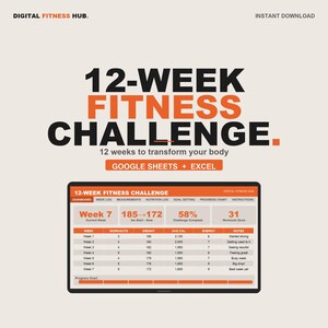 12-veckors fitnessutmaning Google Sheets + Excel-paket | Träningslogg för kroppstransformation | Fitnessprogram | Direkt nedladdning