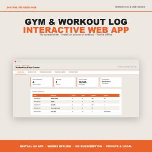May include: A digital gym and workout log web app interface displayed on a screen. The dashboard shows total workouts, weekly progress, total volume, and top exercises. A table lists recent workouts with dates, exercises, sets, reps, and weights.