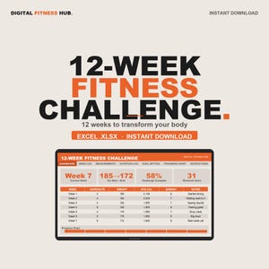 Puede incluir: Una plantilla de hoja de cálculo digital para un desafío de fitness de 12 semanas en negro y naranja. La interfaz muestra un panel con métricas de progreso, incluyendo seguimiento de peso de 185 a 172 lbs, registros de ejercicios y tabla.