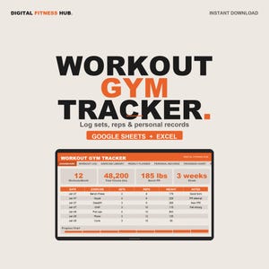 Puede incluir: Un rastreador digital de gimnasio con el título "WORKOUT GYM TRACKER" en negro y naranja. El rastreador muestra datos de entrenamiento, incluyendo series, repeticiones y récords personales. También incluye el texto "GOOGLE SHEETS + EXCEL."