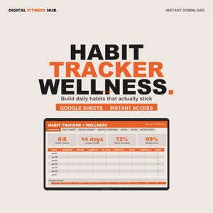 Puede incluir: Una plantilla digital de seguimiento de hábitos y bienestar con el texto "HABIT TRACKER WELLNESS". La plantilla incluye secciones para hábitos diarios, revisiones semanales y resúmenes mensuales. El diseño es en naranja y negro sobre un fondo beige claro.