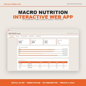 May include: A digital macro nutrition tracker web app interface displayed on a screen. The dashboard features orange and white sections showing daily calorie counts, protein intake, macro progress bars, and a food log table for breakfast, lunch, and dinner.